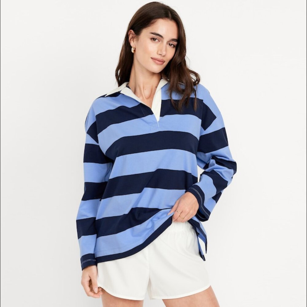 Old Navy Women's Oversized Rugby Polo, Small, Blue Stripe, NWT